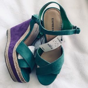 Express green/purple Wedge Shoes, Sz 7 Faux Suede NWT